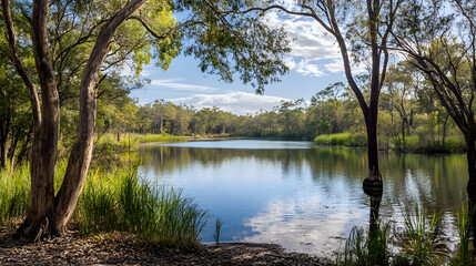 Poster - Serene Lake View Surrounded by Lush Greenery and Tranquil Atmosphere in Nature Landscape : Generative AI