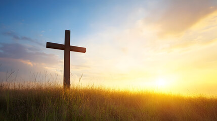 Poster - Silhouette of a Wooden Cross Against a Beautiful Sunrise in a Serene Meadow : Generative AI