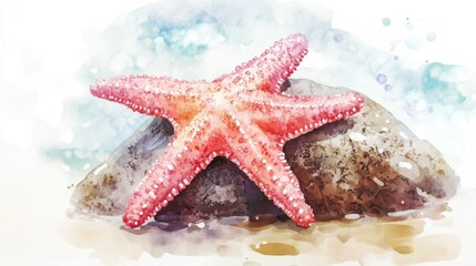 This vibrant illustration captures a red starfish resting on a rock, surrounded by soft hues, evoking serenity and wonder of marine life.