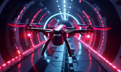Fototapete - Drone flying futuristic tunnel, neon lights, filming