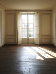 Aufkleber - Empty Room With Wooden Floor and Open Window for Minimalistic Interior Design : Generative AI