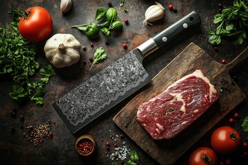 Wall Mural - Raw beef steak with cleaver and spices on wooden cutting board