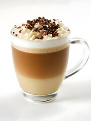 Aufkleber - Classic Latte with Whipped Cream and Chocolate Flakes in Glass Mug on White Background : Generative AI