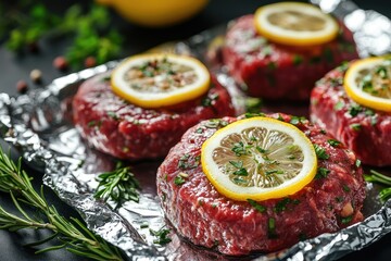 Wall Mural - Delicious seasoned hamburger patties with lemon slices and parsley being cooked on aluminum foil