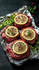 Wall Mural - Raw burger patties with lemon and herbs marinating on aluminum foil