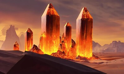 Poster - Fiery Desert Crystals Sunset Landscape Fantasy