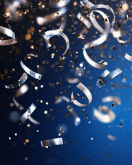 Poster - Elegant Silver and Gold Confetti Falling on Blue Background Festive Celebration