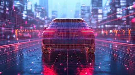 Poster - Futuristic Wireframe Car Driving Through Neon Cityscape