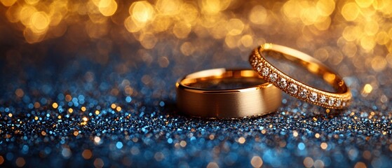 Poster - Golden Wedding Bands Sparkling on Blue Glitter Background Romantic Luxury Jewelry