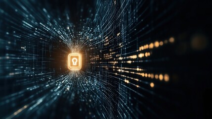 Poster - Abstract representation of digital security featuring a glowing lock symbol amidst a burst of data particles in a futuristic virtual space