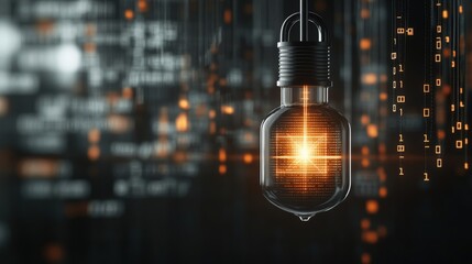 Fototapete - Futuristic LED Bulb Illuminating Symbolic Data Stream of Binary Code Against a Dark Background Representing Technology, Innovation, and Digital Transformation