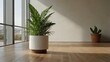 © Phoneutria - modern, minimalist interior setting featuring a large, round white planter with a wooden base, centrally placed on a light wood floor contains lush green foliage, with broad leaves extending outward