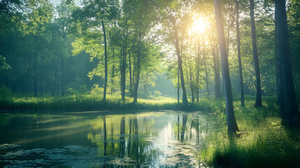 Poster - Tranquil Sunlit Forest Landscape with Lush Greenery and Pond : Generative AI