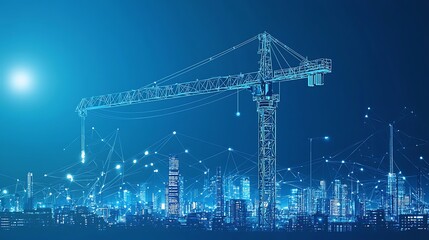 Cityscape construction crane at night, digital network