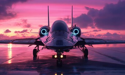 Poster - Futuristic jet sunset runway landing futuristic