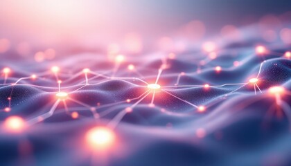 Fototapete - Glowing network connections on abstract wave surface