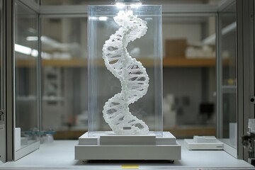 Fototapete - Illuminated DNA Helix Model in Modern Lab Setting Scientific Research