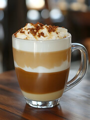 Aufkleber - Layered Latte in Glass Mug with Whipped Cream Garnish on Wooden Cafe Table : Generative AI