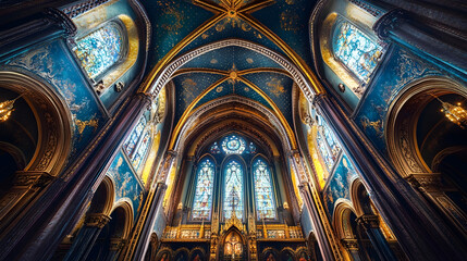 Aufkleber - Majestic Interior View of Historic Cathedral with Stained Glass Windows and Ornate Architecture : Generative AI