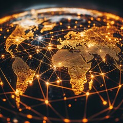 Poster - Golden world map with glowing connections on dark background representing global network