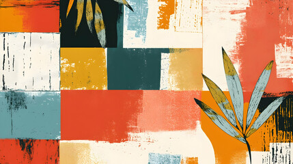 Wall Mural - Abstract tropical leaf pattern, vibrant colors, textured blocks, design background