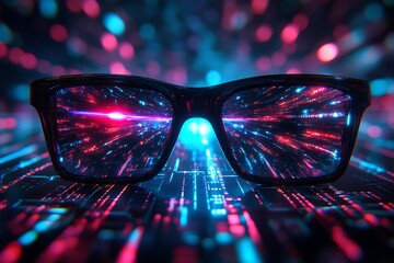 Futuristic glasses reflecting digital data, circuit board background, tech concept