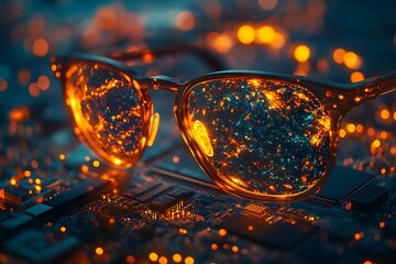Glasses reflecting circuit board, night city lights. Tech future concept