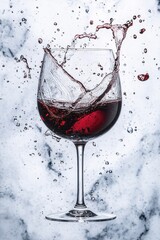 Poster - Red wine splashing out of glass with water drops on light background in dynamic motion