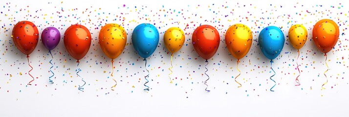 Poster - Colorful balloons and confetti floating against white background creating festive atmosphere