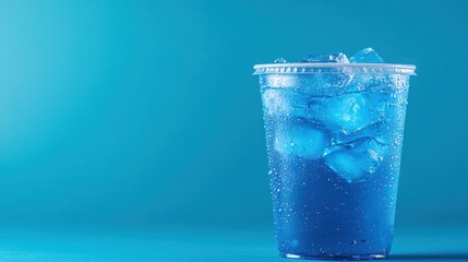 Poster - Refreshing blue drink with ice in clear plastic cup on a solid blue background studio shot