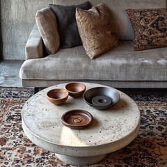 Poster - Top View of Round Concrete Table with Wooden Bowls and Decorative Plate on Vintage Rug in Cozy Living Room