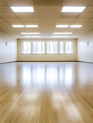 Aufkleber - Bright Empty Hall with Wooden Floor and Fluorescent Ceiling Lights : Generative AI