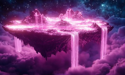 Poster - Glowing island, waterfalls, clouds, cosmos, fantasy, game art