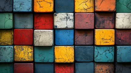 Wall Mural - Colorful Cracked Paint Tiles in a Vintage Retro Design Arrangement