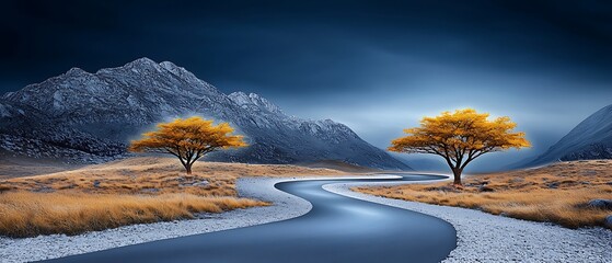 Wall Mural - A serene landscape featuring winding roads, golden trees, and majestic mountains under a dramatic sky, creating a tranquil atmosphere. psychedelic vivid dimension concept