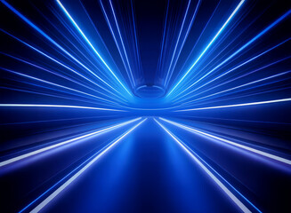 Poster - Abstract digital art depicting a futuristic, high-speed tunnel. Glowing blue and white light streaks radiate from a central point, creating a sense of motion and depth. The dark background enhances th