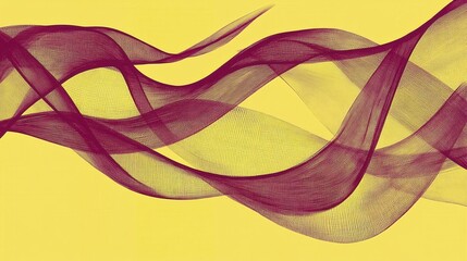Poster - Abstract flowing mesh ribbons in deep red against a bright yellow background creating movement