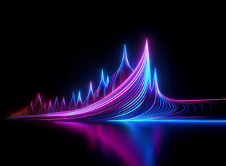 Poster - Abstract digital art depicting vibrant neon pink and blue light trails forming a dynamic, wave-like structure against a black background.  The artwork features a reflective surface mirroring the desig