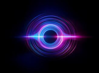 Poster - Abstract concentric circles radiate vibrant blue and pink neon light against a black background, creating a hypnotic, energy-filled visual.  The central void suggests a portal or cosmic event.