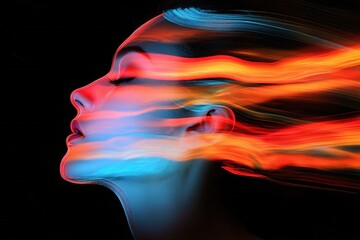 Poster - Abstract portrait with flowing light streaks in red orange and blue against dark background