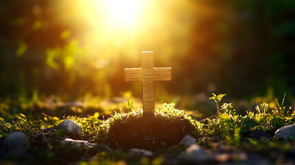 Poster - Wooden Cross in Sunset Lit Meadow Surrounded by Nature Reflecting Spirituality and Hope : Generative AI