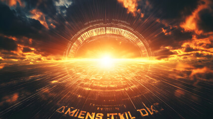 Poster - Futuristic Digital Gateway with Radiant Neon Lights Under a Majestic Sky : Generative AI