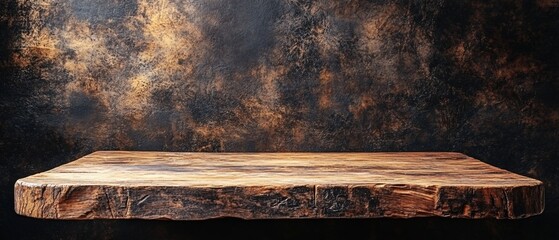 Poster - Rustic wooden shelf against a dark textured backdrop ideal for product display or still life photography