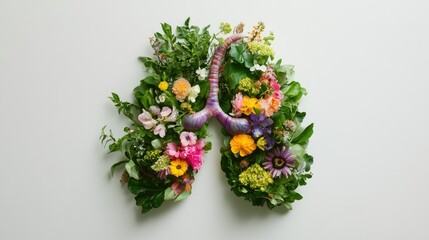 Poster - Lush green foliage and colorful flowers forming a lung-like shape, symbolizing health and vitality, set on a white surface