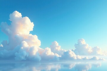 Wall Mural - Softly glowing blue sky with cotton-like cumulus clouds drifting lazily across the horizon, gentle breeze, , calm
