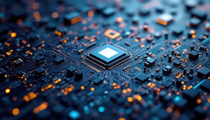 Poster - Close-up view of electronic circuit board with microchip and glowing elements