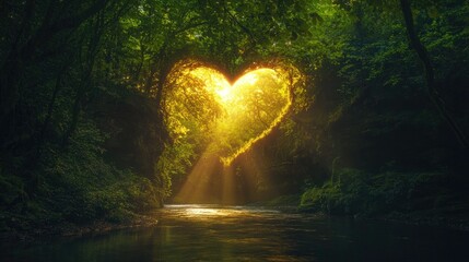 Canvas Print - Sunlight filters through a heart-shaped gap in the forest canopy, illuminating a calm river leading to a rugged cliff