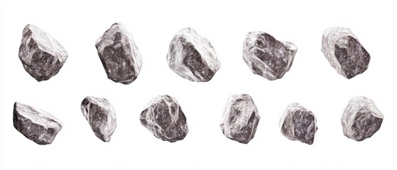 Poster - Ten single gray rocks in different angles isolated on a plain white background studio shot