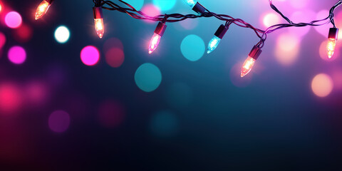 Wall Mural - String lights with blue and pink bokeh effects. Party and celebration backgrounds