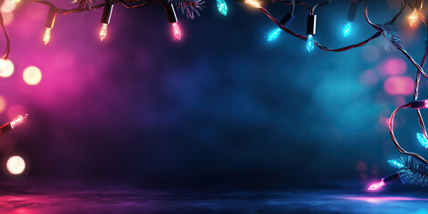 Wall Mural - Christmas lights frame on blue and pink background. Holiday and party decorations content